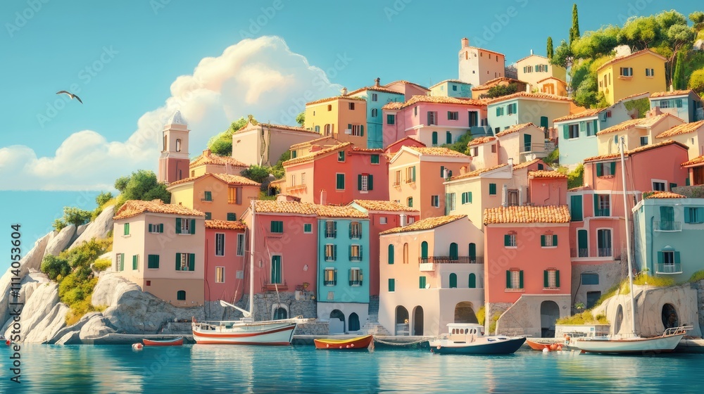 Obraz premium Colorful coastal village nestled on a hillside overlooking a calm sea with boats.
