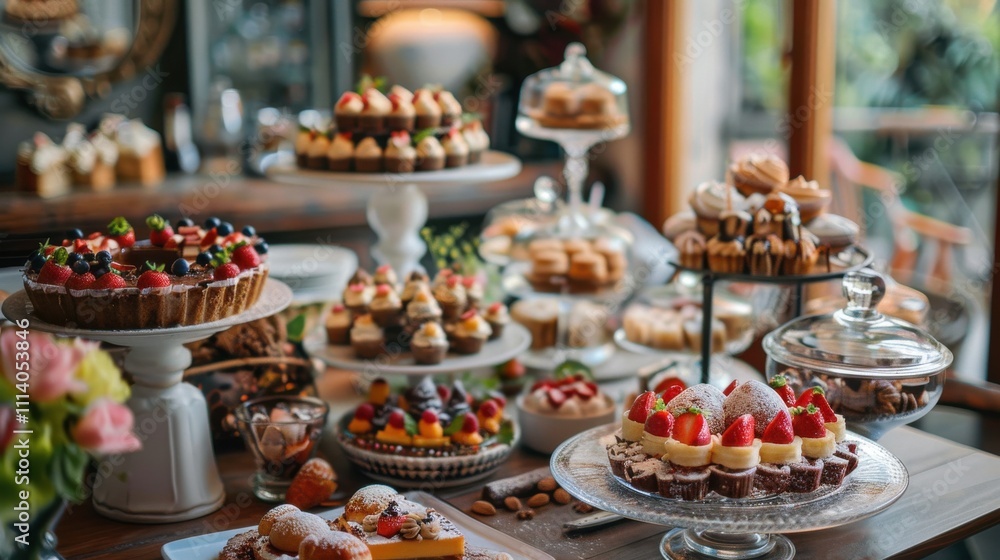 Delightful celebration of International Dessert Day featuring an array of sweets and treats at a charming cafe Delightful celebration of International Dessert Day featuring an array of sweets and treats at a charming cafe
