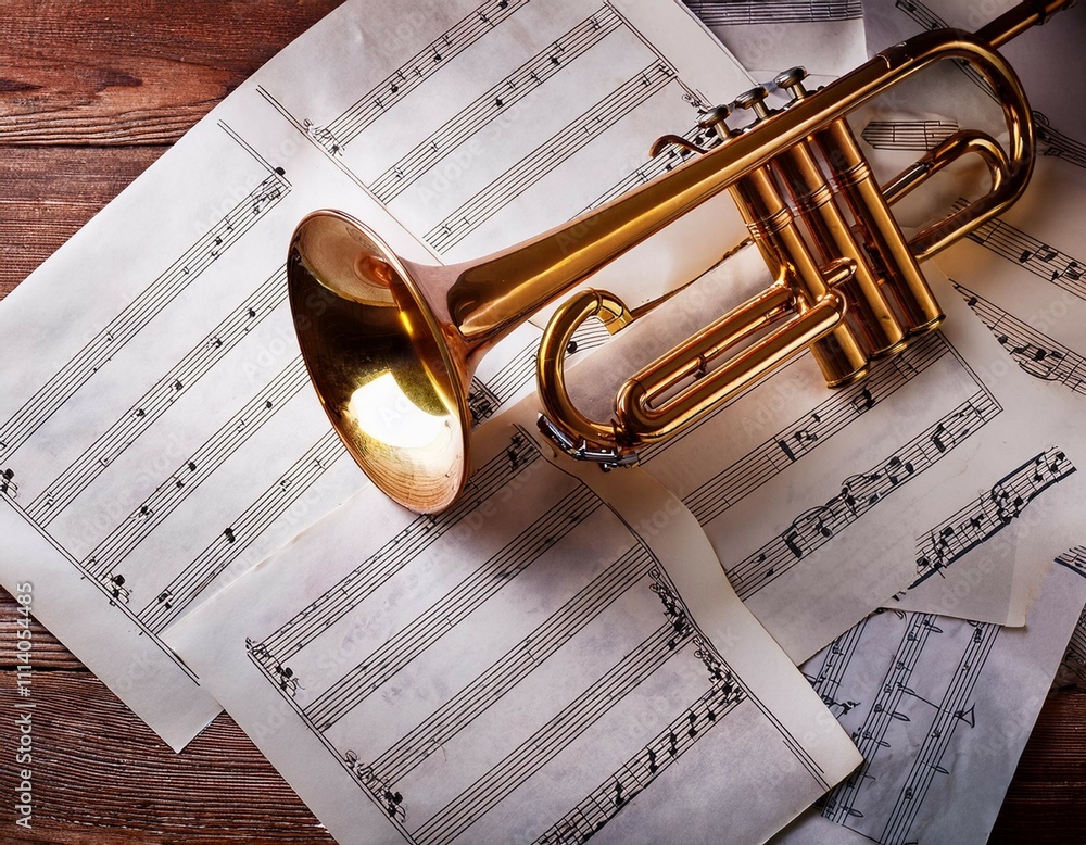 Naklejka premium trumpet on music scores music concept