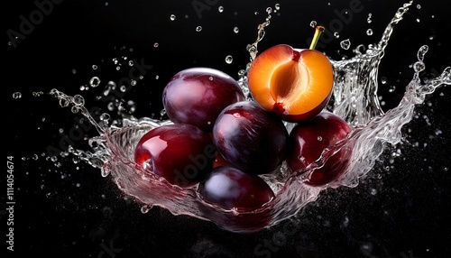 juicy plums splashing on black background vibrant food photography ai generated