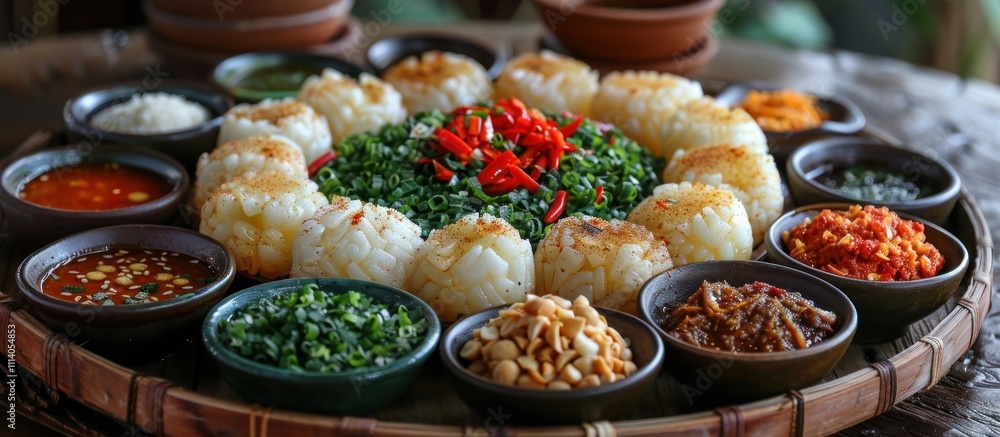 Vietnamese Dish with Rice Cakes, Sauces, and Herbs Vietnamese Dish with Rice Cakes, Sauces, and Herbs
