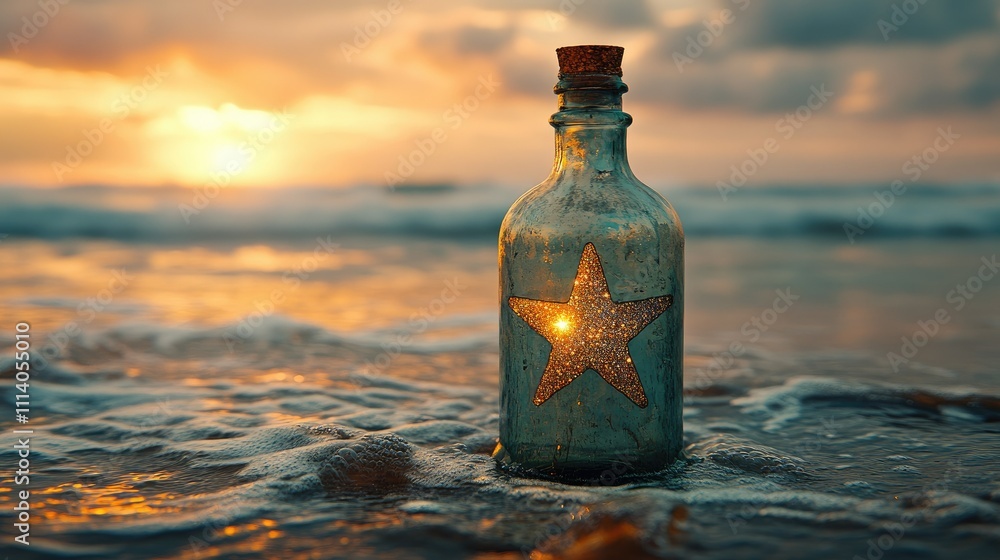 A glowing bottle with a star design sits on a beach at sunset, creating a serene atmosphere. A glowing bottle with a star design sits on a beach at sunset, creating a serene atmosphere.