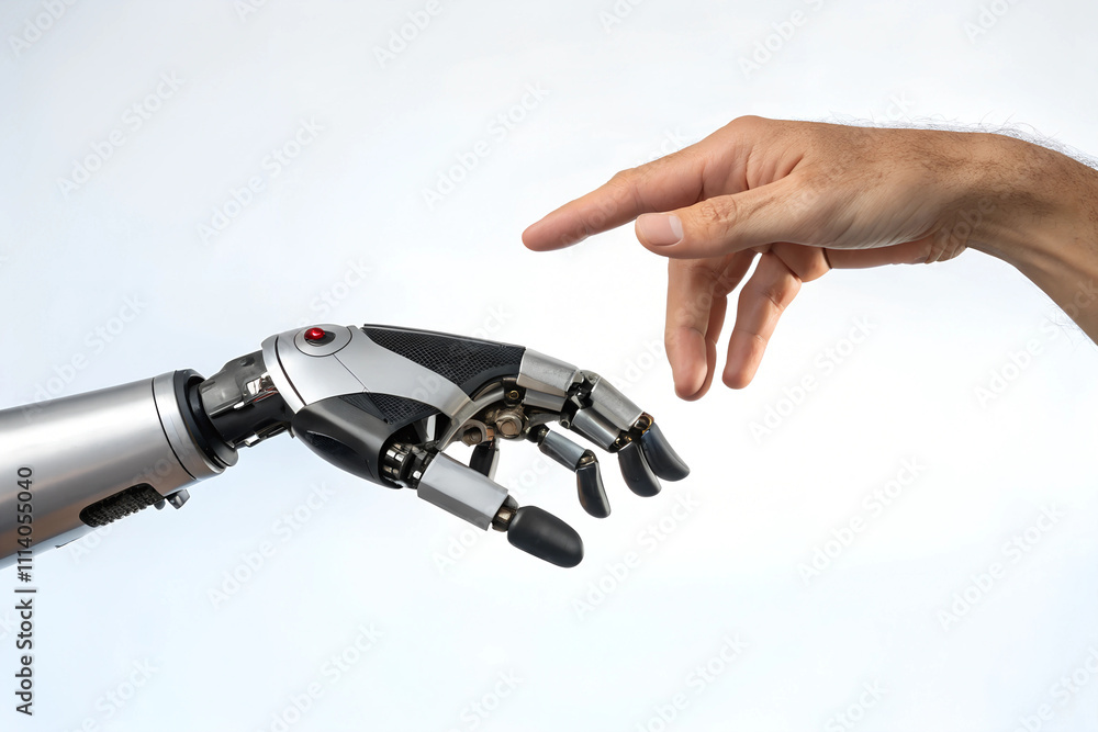 Robotic hand and human hand connect in a symbolic gesture of collaboration and technology Robotic hand and human hand connect in a symbolic gesture of collaboration and technology