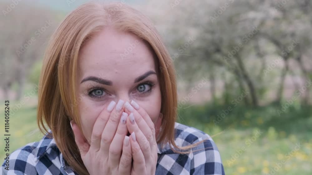 Young woman laughing joyfully in a springtime park, surrounded by nature, captures a moment of genuine happiness Young woman laughing joyfully in a springtime park, surrounded by nature, captures a moment of genuine happiness