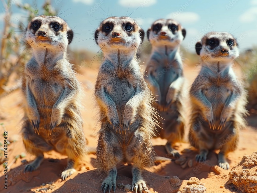 Curious Meerkats Standing in Desert Sand Curious Meerkats Standing in Desert Sand