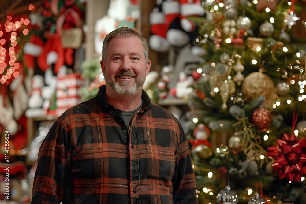A Man Smiles Cheerfully Near a Decorated Christmas Tree and Festive Ornaments, Celebrating the Holiday Season with Joy and Warmth. A Man Smiles Cheerfully Near a Decorated Christmas Tree and Festive Ornaments, Celebrating the Holiday Season with Joy and Warmth.