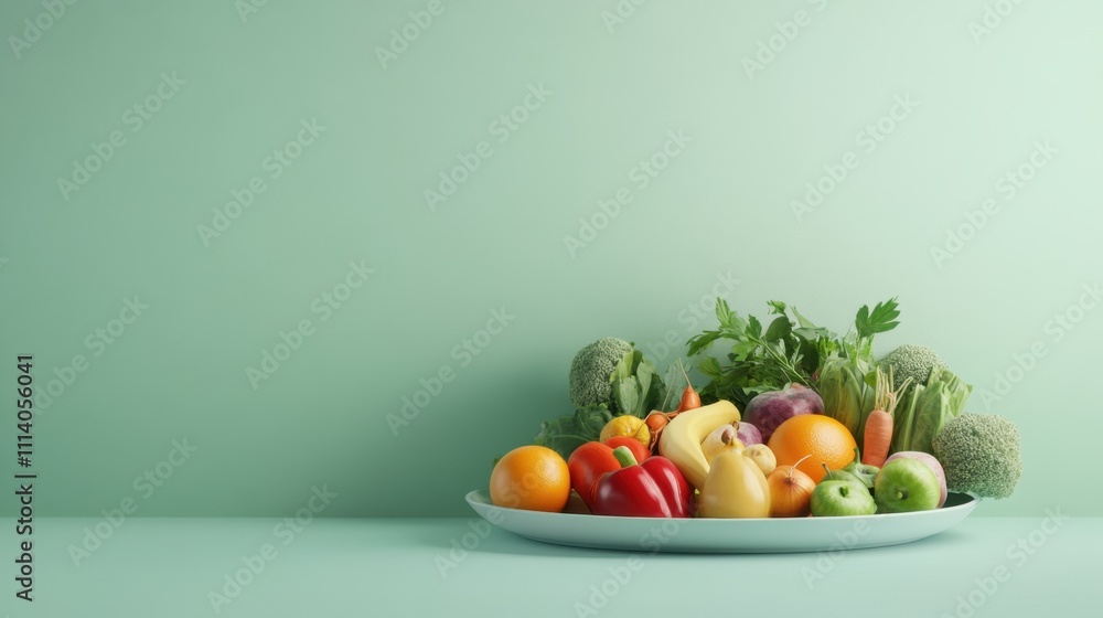 Vibrant Assortment of Fresh Fruits and Vegetables on a Mint Green Background A Healthy Eating Concept Vibrant Assortment of Fresh Fruits and Vegetables on a Mint Green Background A Healthy Eating Concept