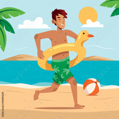 Man Running on Beach with Duck Inflatable