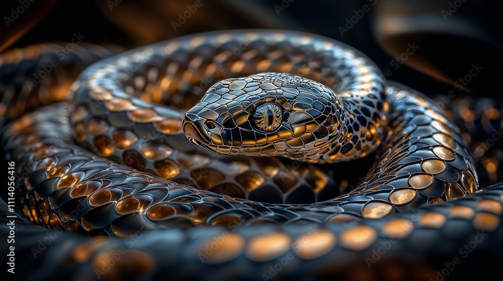 Fototapeta premium Close-Up of a Futuristic Metallic Snake With Intricate Detailing and Reflective Scales