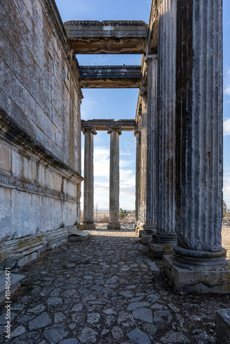 Aizonai antic city ruins with Zeus temple. Aizanoi ancient city in Cavdarhisar, Kutahya, Turkey.