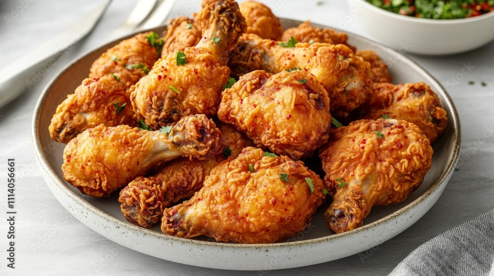 Crispy Fried Chicken Drumsticks with Herbs on a White Plate Crispy Fried Chicken Drumsticks with Herbs on a White Plate