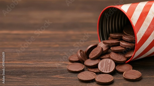 A collection of oldfashioned candy sticks and chocolate coins spilling out of a retro tin with faded designs, 3D render