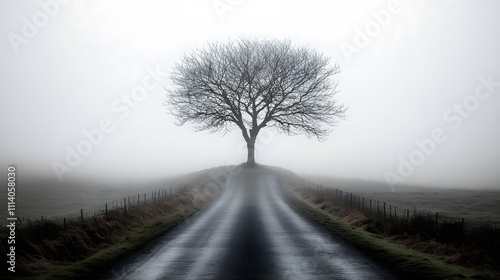 Mysterious pathways enveloped in fog lead to a solitary tree under a moody sky photo