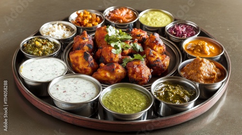 Traditional Indian Cuisine Platter with Various Dishes and Sauces