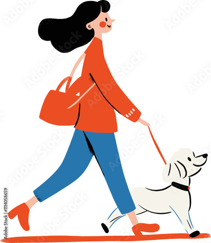 Enjoying a brisk walk with a dog during sunny weather in a lively urban park cartoon isolated on transparent background. Vector illustration.