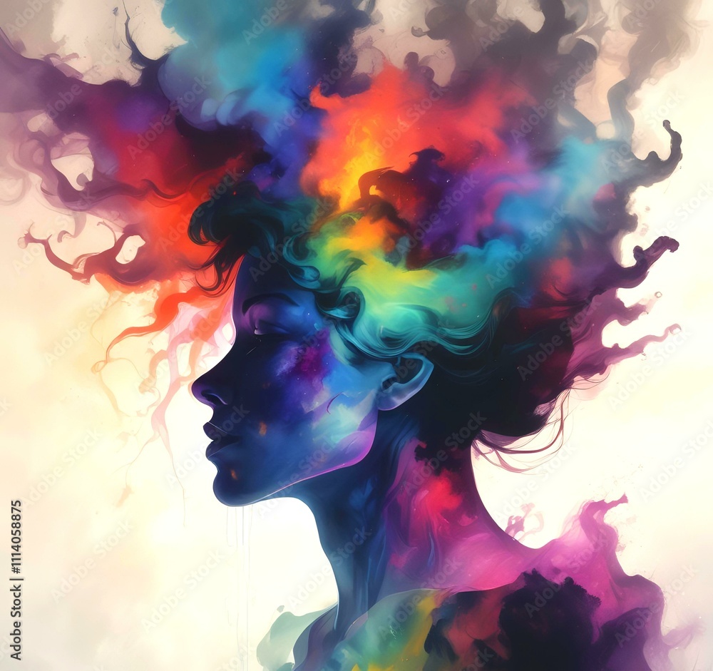 Illustration of woman silhouette with dramatic multicolor smoke background. Illustration of woman silhouette with dramatic multicolor smoke background.