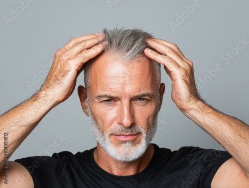 Grooming routine for older men studio setting portrait photography neutral background close-up view personal care tips