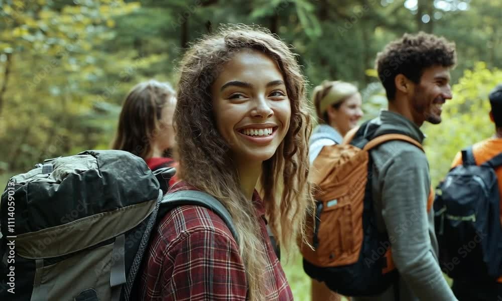 A smiling young woman with a backpack enjoys a hike in a forested area with friends. A smiling young woman with a backpack enjoys a hike in a forested area with friends.