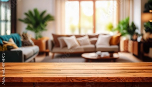 Wooden table surface in the foreground, with a blurred living room setting in the background for a cozy coffee shop or home display