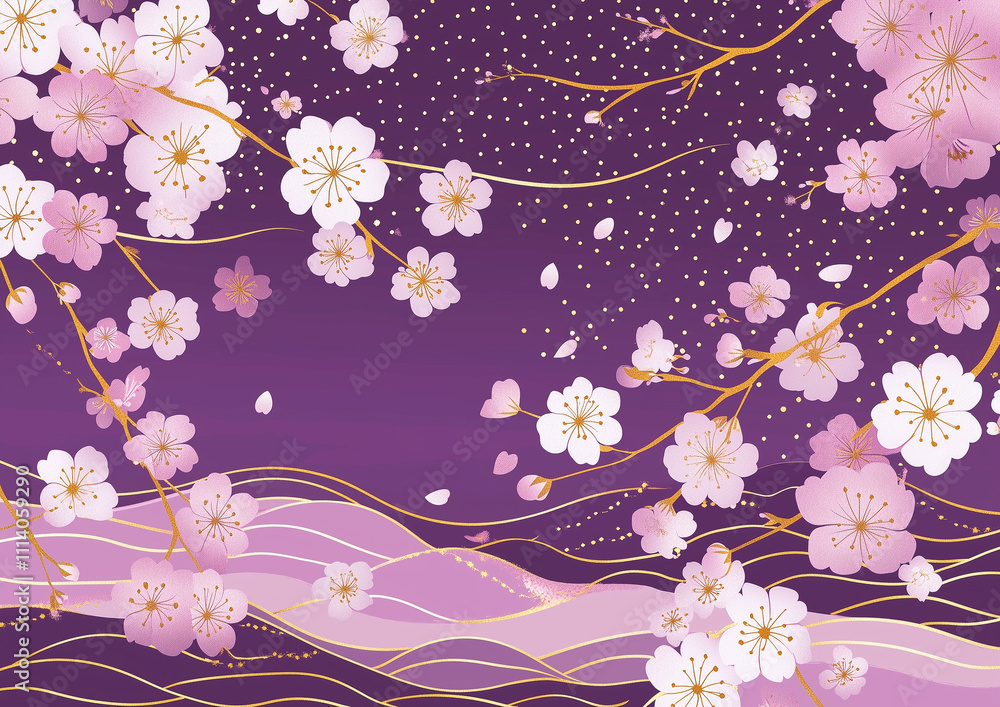 A background with cherry blossoms and purple patterns. The pattern is a Japanese-style geometric design A background with cherry blossoms and purple patterns. The pattern is a Japanese-style geometric design