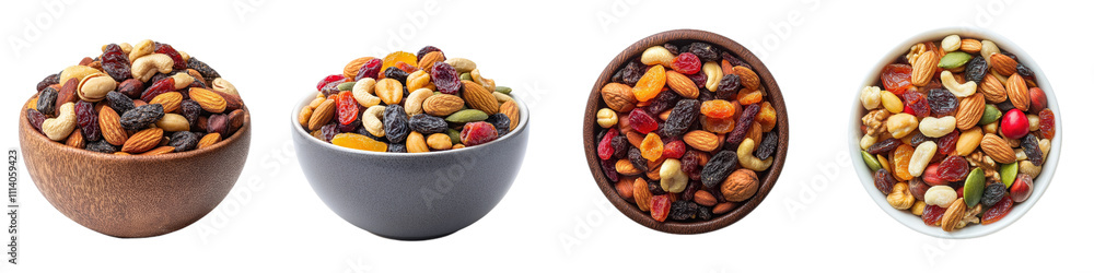 variety of bowls filled with colorful trail mix containing nuts, dried fruits, and seeds, perfect for healthy snack. Enjoy vibrant textures and flavors!