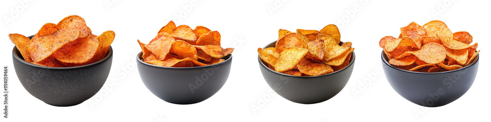 Crispy potato chips in various bowls, showcasing vibrant colors and textures. Perfect for snacking, these flavorful crisps add tangy twist to any gathering Crispy potato chips in various bowls, showcasing vibrant colors and textures. Perfect for snacking, these flavorful crisps add tangy twist to any gathering