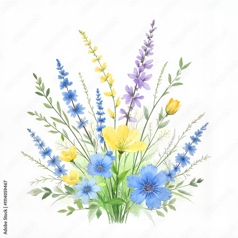 Naklejka premium Watercolor bouquet of wildflowers in blue, yellow, and purple hues