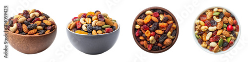 Obraz na płótnie variety of bowls filled with colorful trail mix containing nuts, dried fruits, and seeds, perfect for healthy snack. Enjoy vibrant textures and flavors! w salonie