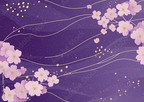 A background with cherry blossoms and purple patterns. The pattern is a Japanese-style geometric design