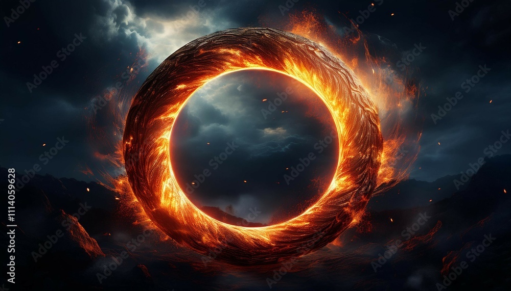 Obraz premium fiery ring of inferno 3d render of a burning circle in a stormy night sky ai generated