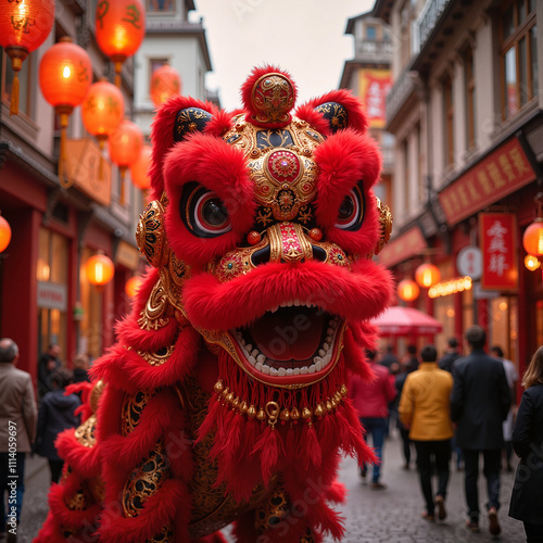 Traditional red lion dance in festive street, Chinese New Year celebration