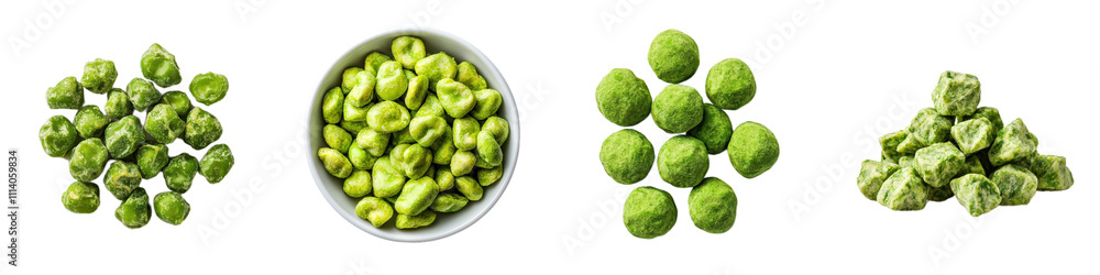 Crunchy green peas in various forms, including bowl of zesty wasabi peas, showcasing their vibrant color and texture. Perfect for snacking! Crunchy green peas in various forms, including bowl of zesty wasabi peas, showcasing their vibrant color and texture. Perfect for snacking!