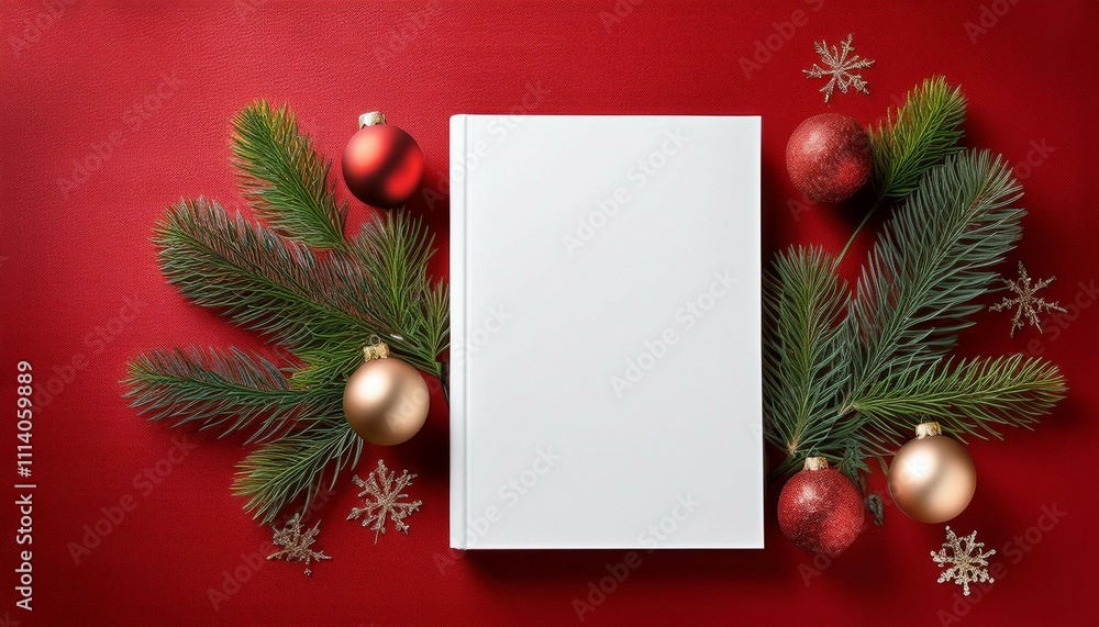 white book mockup lying on red surface with christmas decoration like fir branches and christmas baubles christmas themed mockup white book mockup lying on red surface with christmas decoration like fir branches and christmas baubles christmas themed mockup