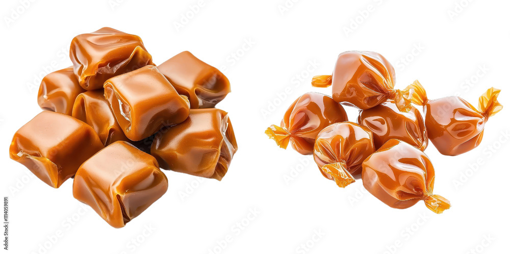 pile of buttery caramel candies wrapped neatly, showcasing their shiny texture and rich color. Perfect for sweet treats and desserts pile of buttery caramel candies wrapped neatly, showcasing their shiny texture and rich color. Perfect for sweet treats and desserts