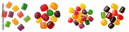 Colorful jelly filled candies in vibrant hues create delightful treat. These assorted sweets, featuring various shapes and flavors, evoke joy and nostalgia photo