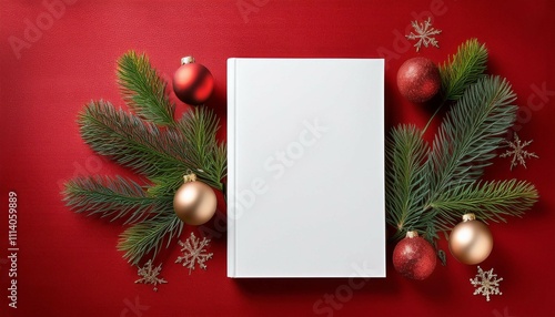 white book mockup lying on red surface with christmas decoration like fir branches and christmas baubles christmas themed mockup