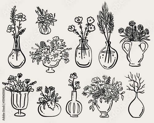 Whimsical Style hand drawn quirky vases bouquets with flowers - vector set