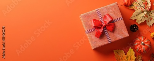 Wallpaper Mural A top view of a fall-themed handmade paper gift box on an orange background, featuring copy space. Torontodigital.ca