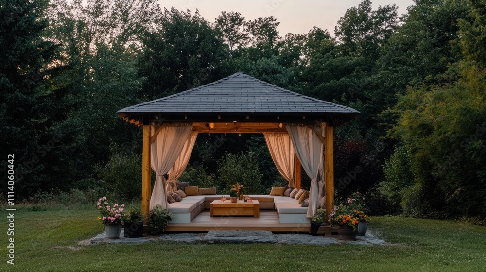 Wooden Gazebo With Cushioned Seating In A Garden Wooden Gazebo With Cushioned Seating In A Garden