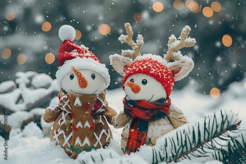 Adorable Snowman and Reindeer Figurines Pose Joyfully in Snowy Winter Wonderland Setting, Embracing Festive Cheer and Holiday Spirit During a Magical Christmas Season.