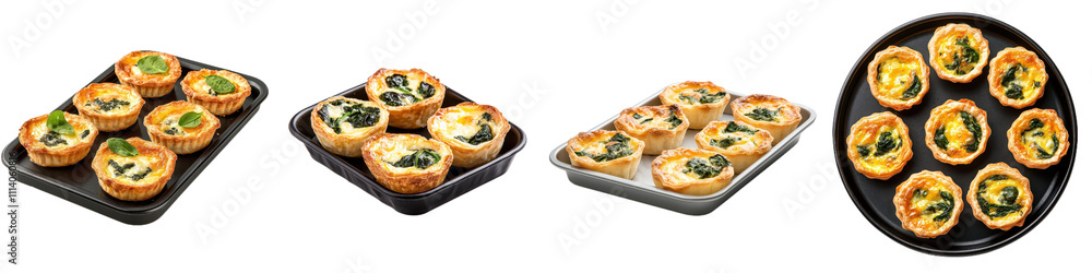 Delicious mini quiches with spinach and cheese, elegantly arranged on trays, perfect for appetizers or party snacks. These savory treats are sure to impress guests! Delicious mini quiches with spinach and cheese, elegantly arranged on trays, perfect for appetizers or party snacks. These savory treats are sure to impress guests!