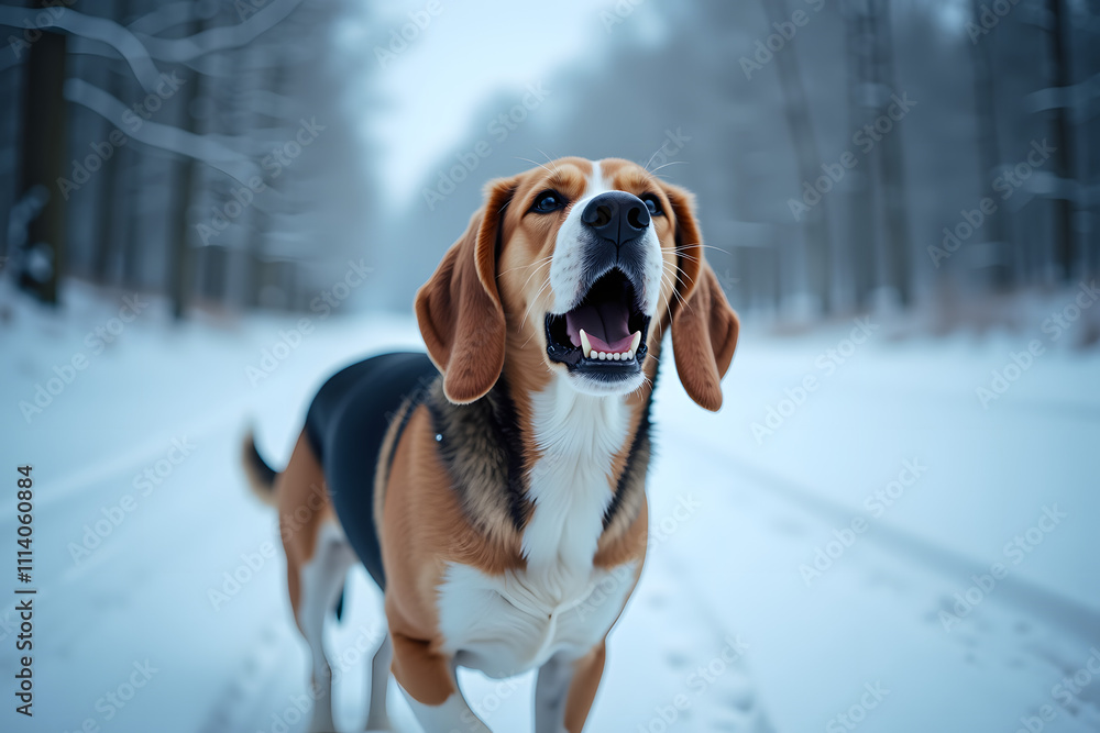 Beagle howling on snowy trail, winter setting with frosty landscape Beagle howling on snowy trail, winter setting with frosty landscape
