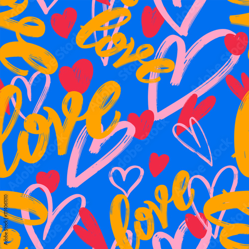 Seamless chaotic pattern with words, lettering love and hearts. Brush stroke grunge pattern bright color background. Wallpaper for girls, holidays Valentine's day. Vector illustration.