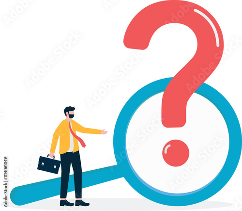 Frequently asked question. Searching for answers. Man holding magnifying glass and looking through it at question mark points. Illustration
