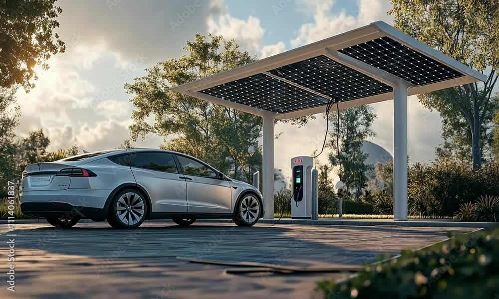 A sleek electric vehicle charging at a solar-powered station under a cloudy sky. A sleek electric vehicle charging at a solar-powered station under a cloudy sky.