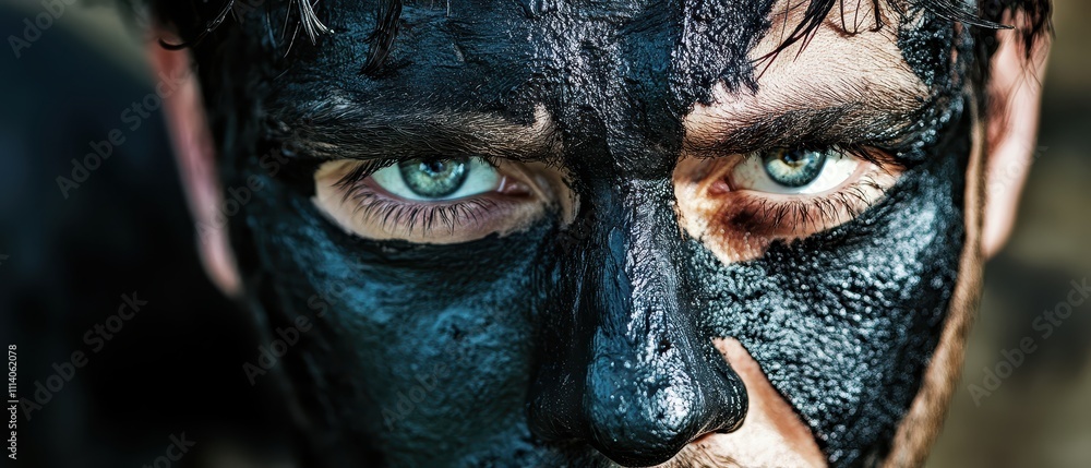 Tangled emotions Concept. A close-up portrait of a person with black face paint, highlighting piercing blue eyes and textured skin, conveying intensity and emotion. Tangled emotions Concept. A close-up portrait of a person with black face paint, highlighting piercing blue eyes and textured skin, conveying intensity and emotion.