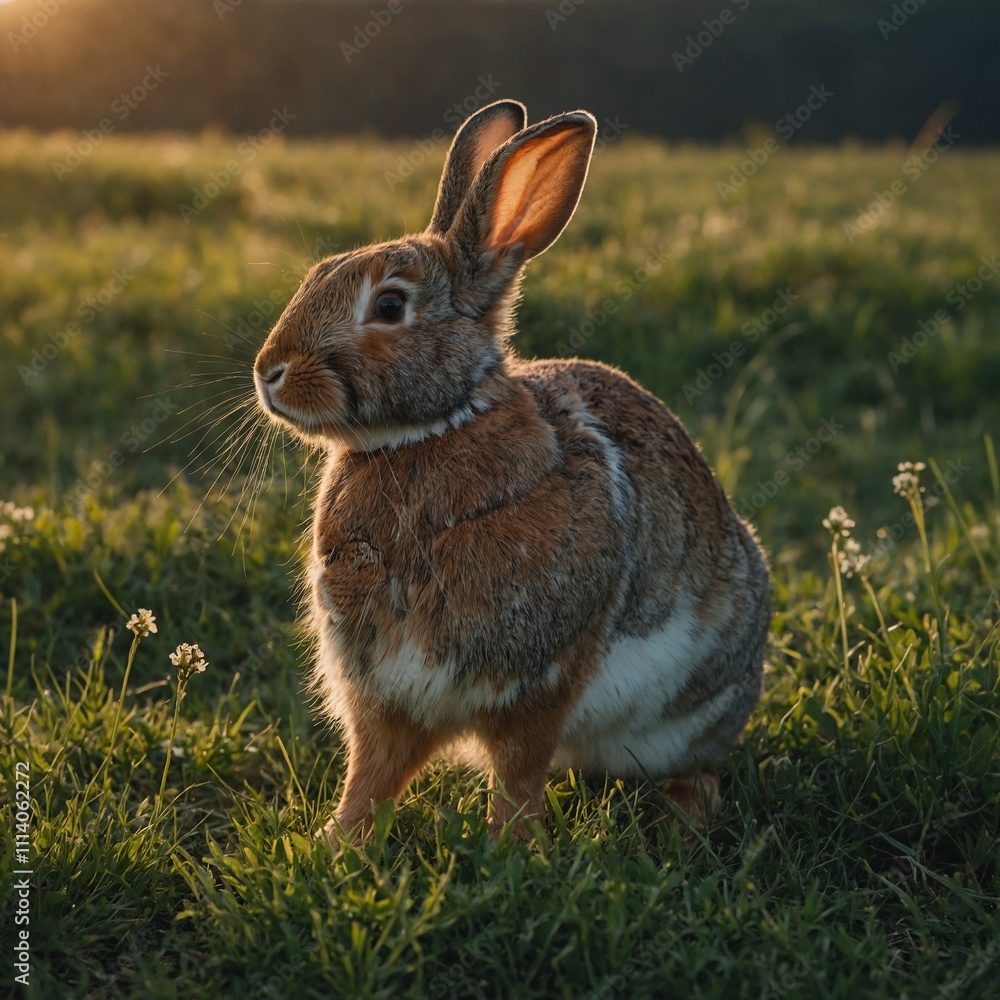 Fototapeta premium A rabbit hopping in a meadow at dawn.