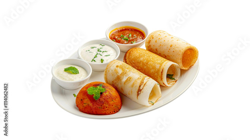 Ghee roast Dosa and Idlii with Chutney, south indian main breakfast isolated on transparent background