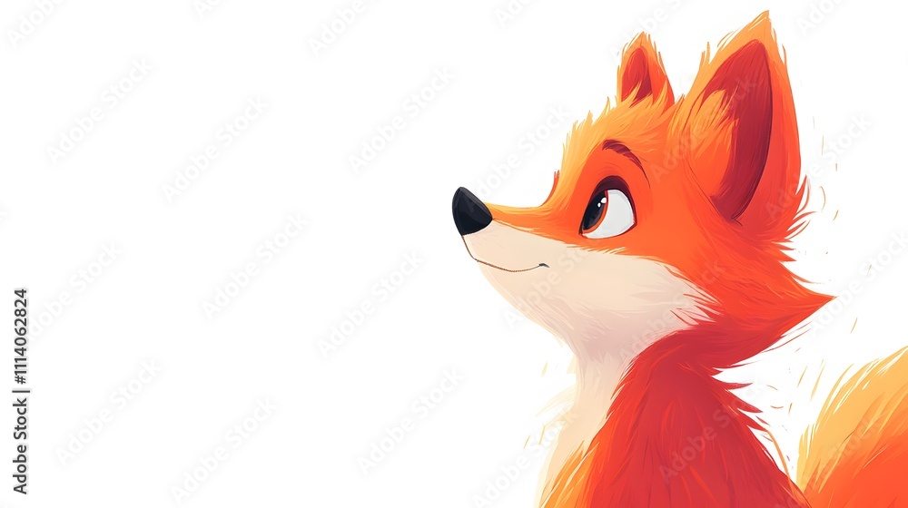 Obraz premium Side view illustration&nbsp;of a stylized cartoon fox character&nbsp;with vibrant orange fur, designed in minimalist children's book style with clean&nbsp;lines against white background.