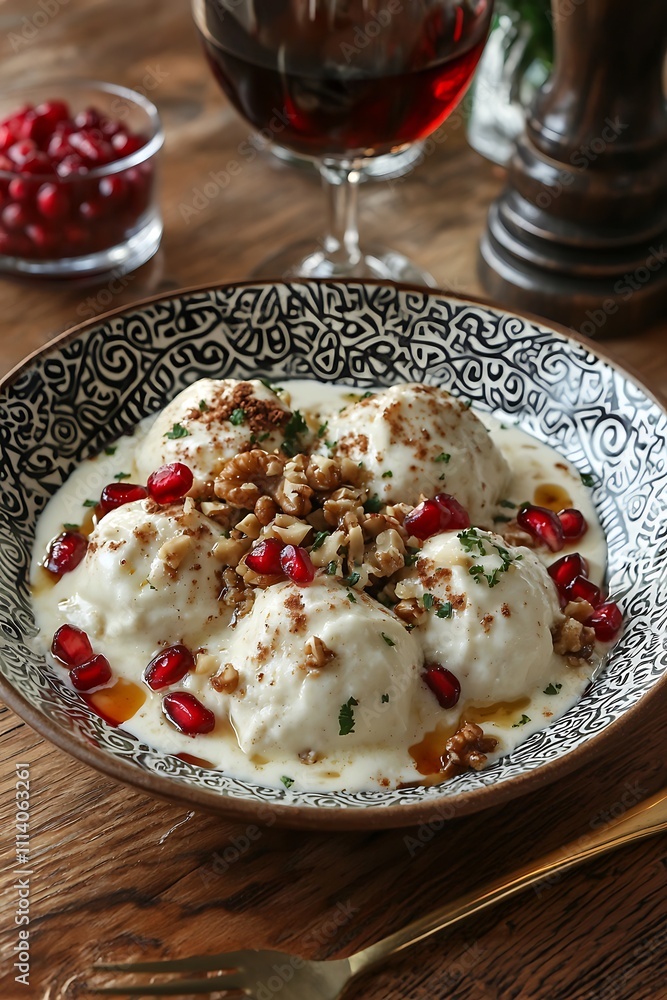 Creamy Dessert with Pomegranate Seeds and Walnuts in an Ornate Bowl. Creamy Dessert with Pomegranate Seeds and Walnuts in an Ornate Bowl.